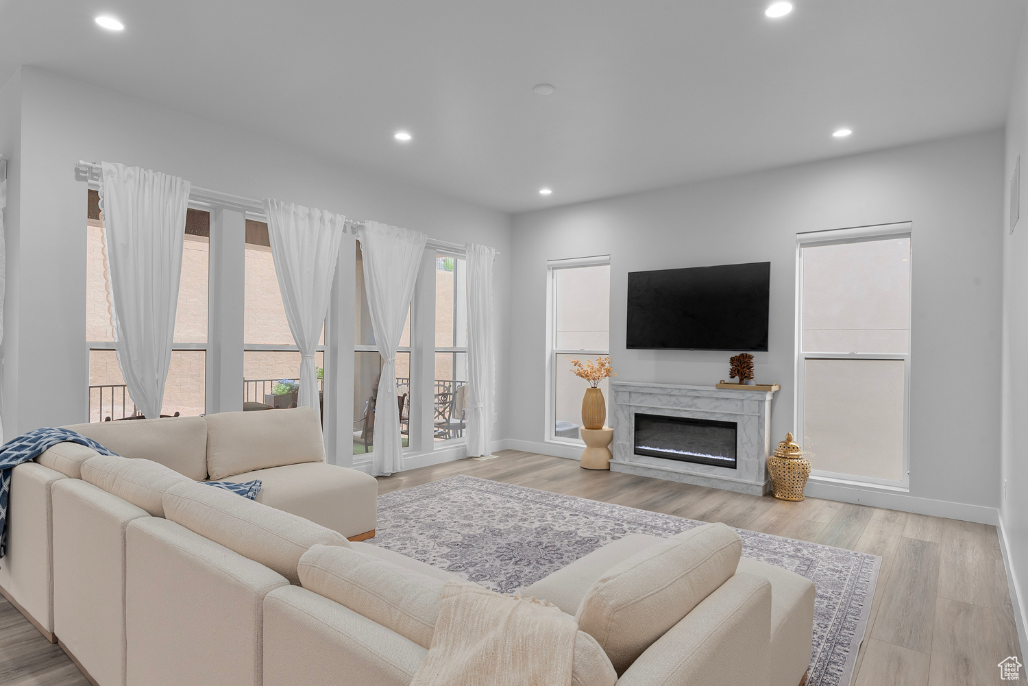 Living room featuring a premium fireplace and light wood-type flooring