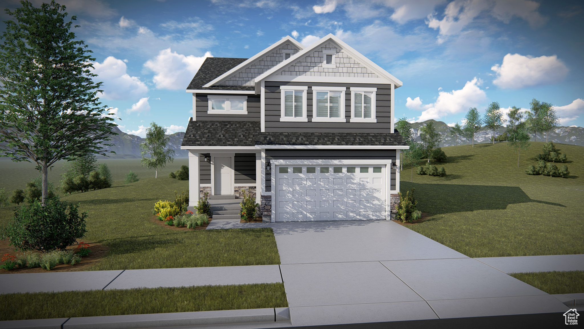 Craftsman house with a garage and a front yard