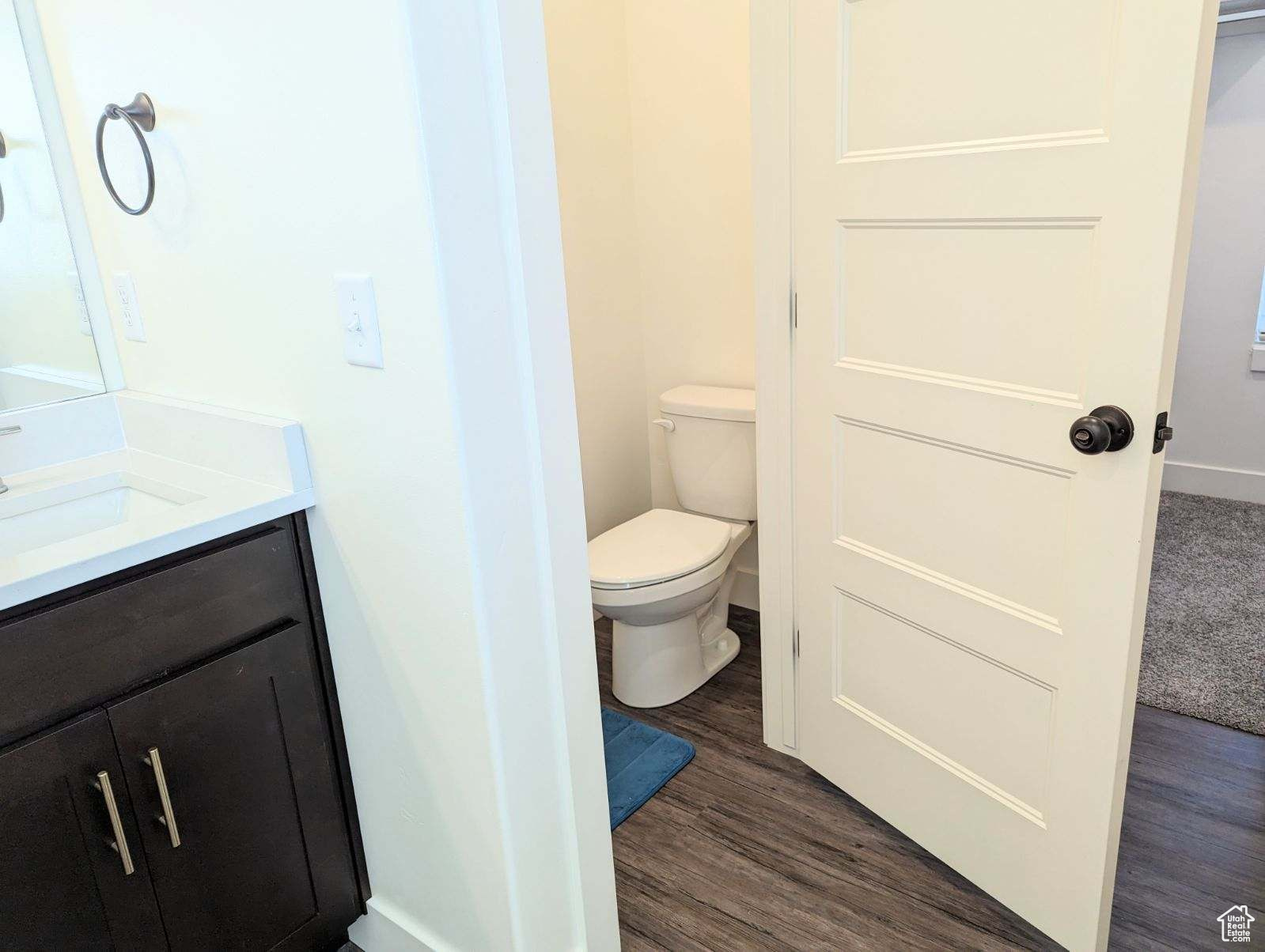 Bathroom featuring hardwood / wood-style floors, toilet, and vanity