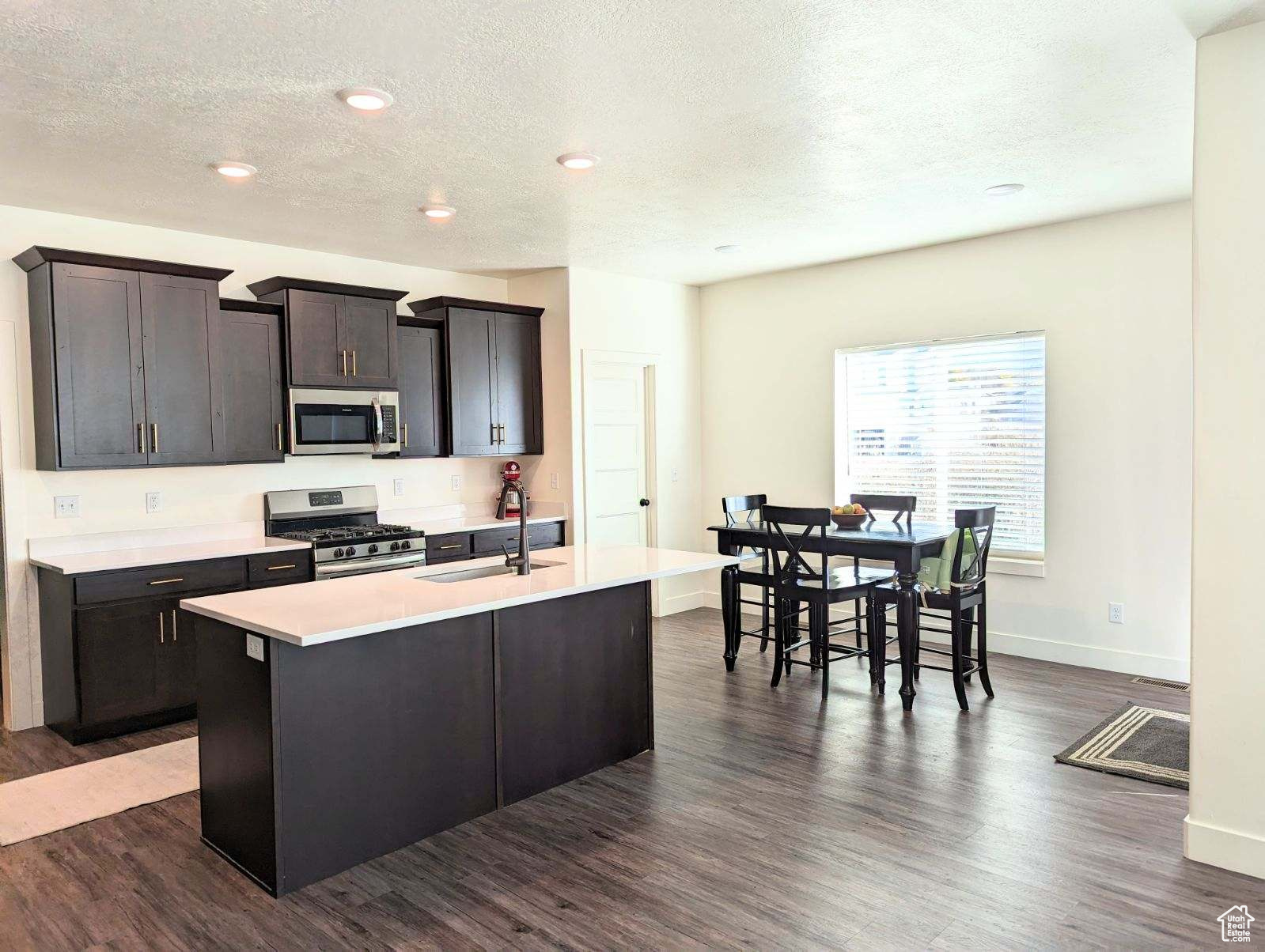 Kitchen with dark brown cabinetry, an island with sink, dark wood-type flooring, appliances with stainless steel finishes, and sink