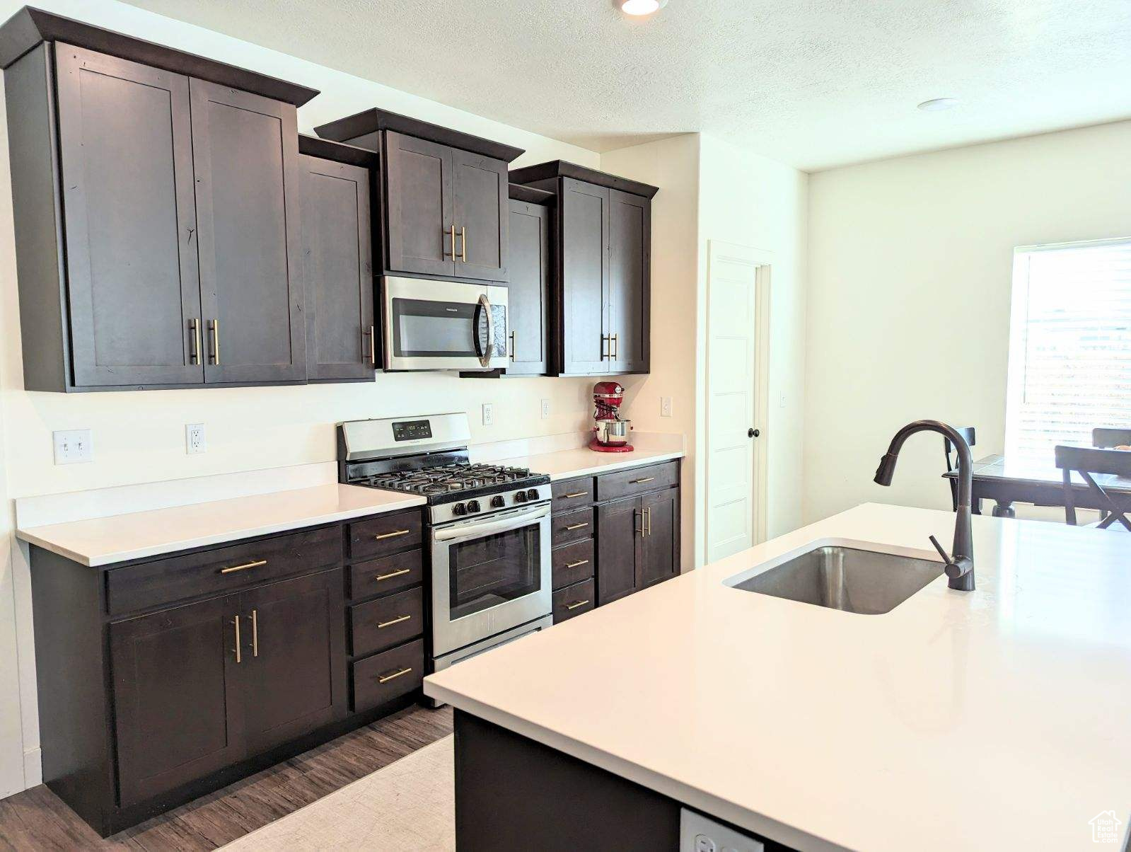 Kitchen with dark hardwood / wood-style flooring, appliances with stainless steel finishes, sink, and dark brown cabinets