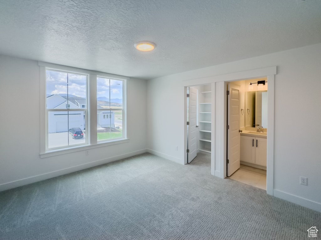 Unfurnished bedroom featuring light carpet, connected bathroom, sink, and a textured ceiling