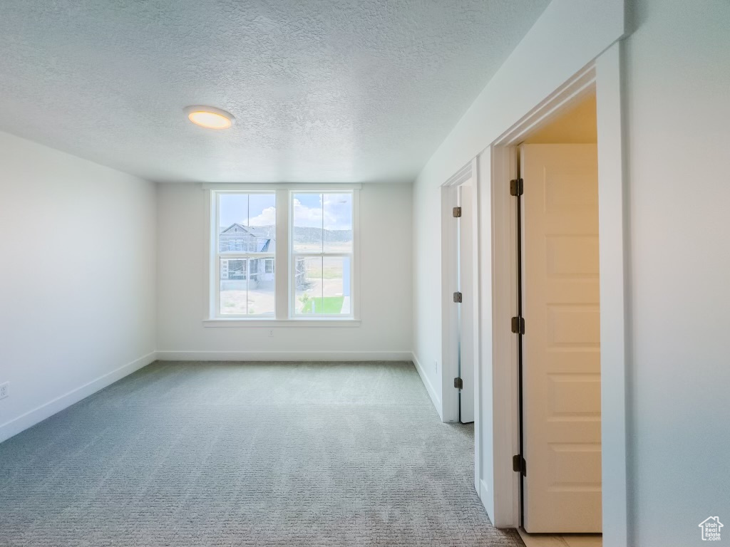 Unfurnished room featuring light carpet and a textured ceiling