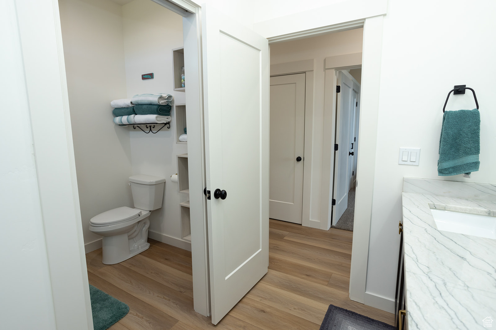 Bathroom featuring wood-type flooring, vanity, and toilet