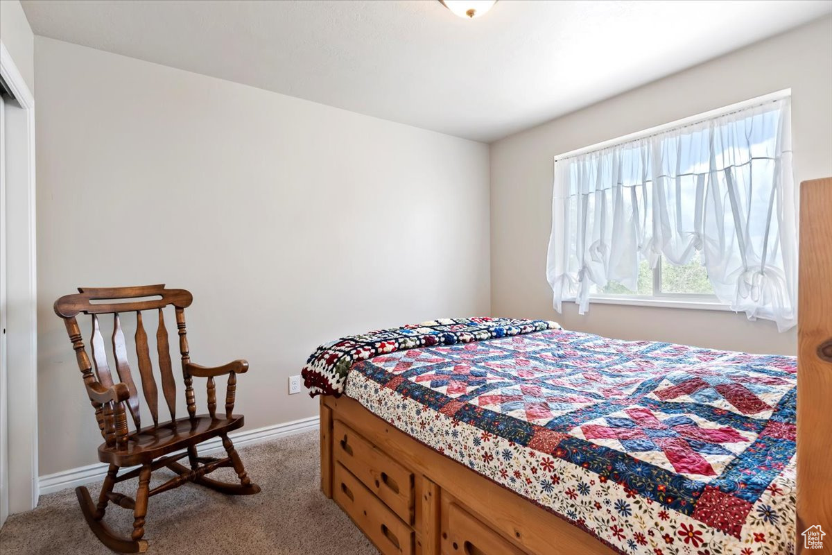 Bedroom with dark colored carpet