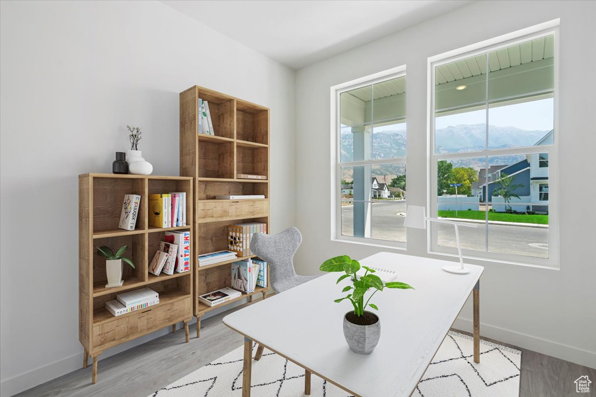 Office space featuring light hardwood / wood-style floors and a mountain view