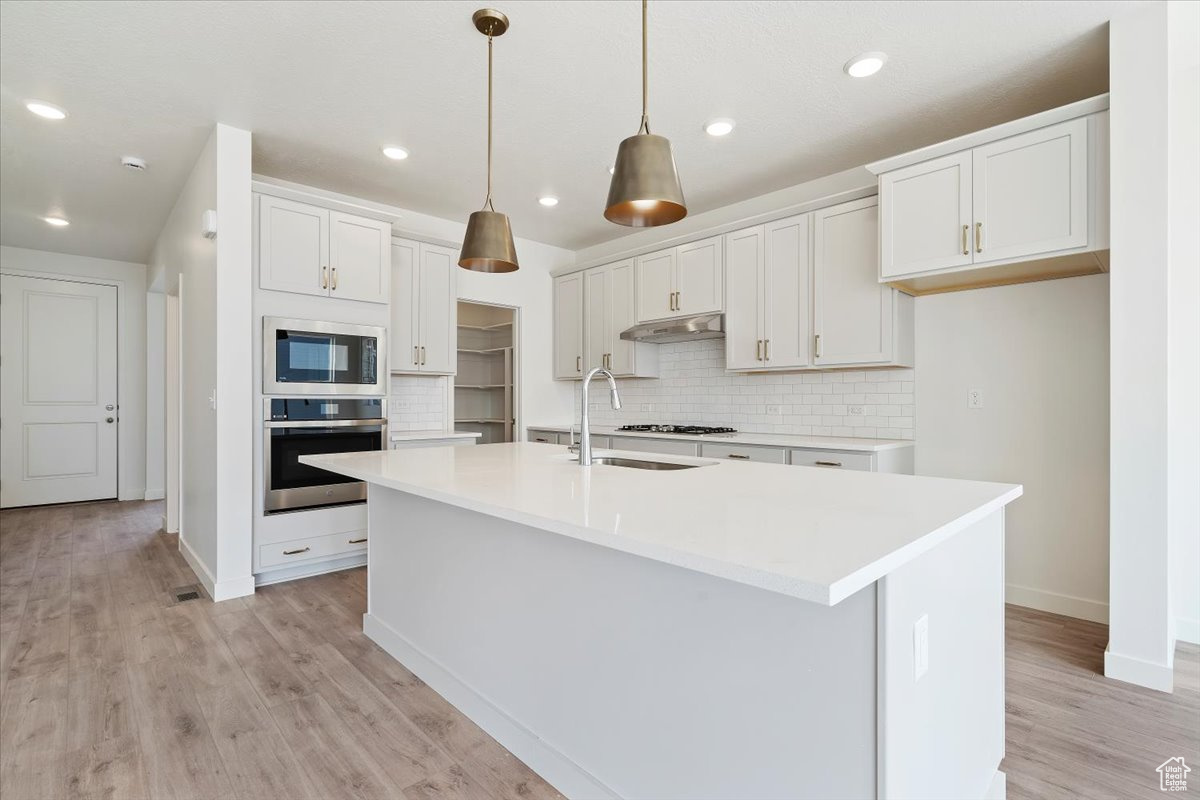 Kitchen with white cabinetry, light hardwood / wood-style flooring, appliances with stainless steel finishes, decorative backsplash, and a center island with sink