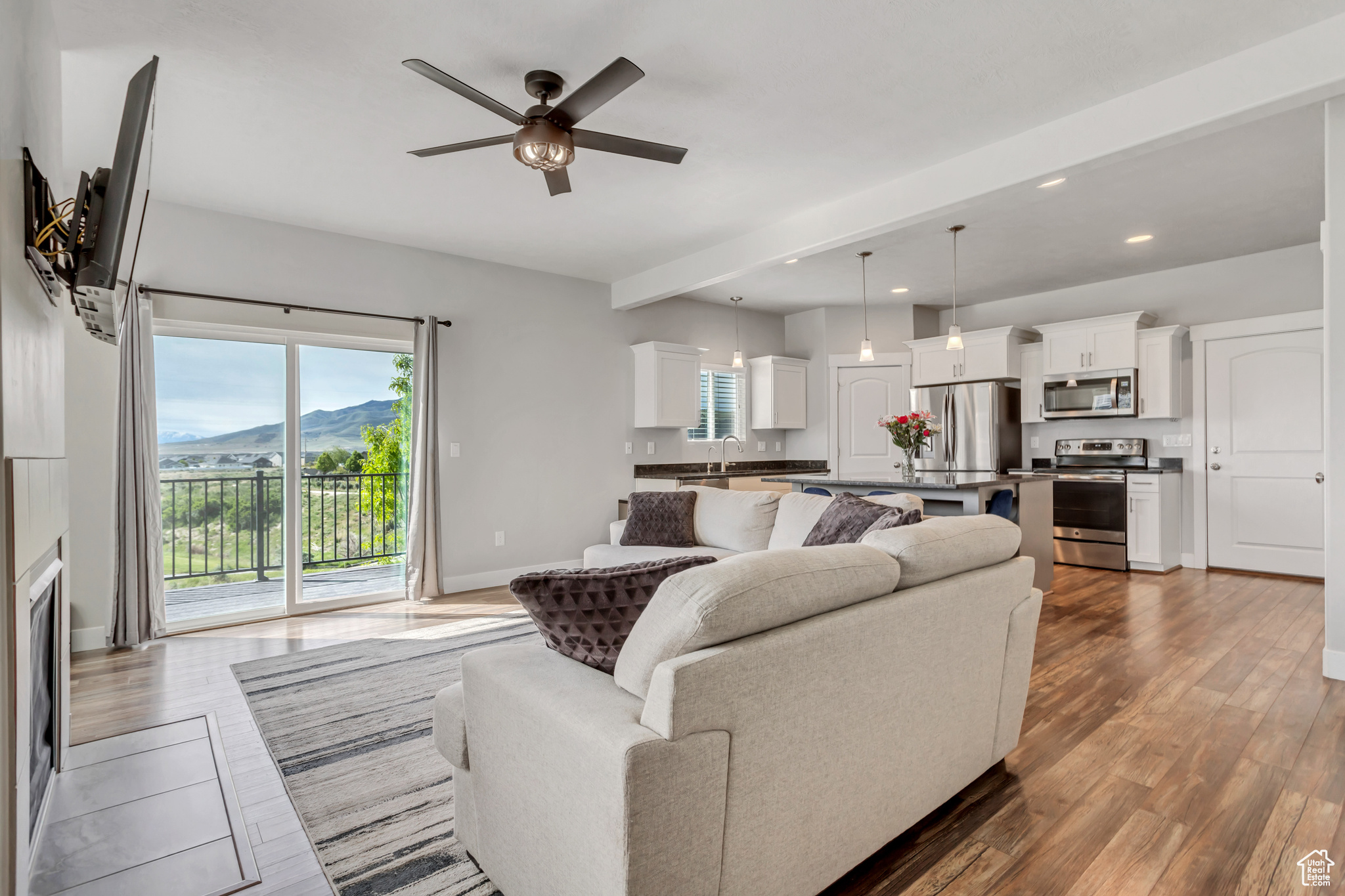 Living room with ceiling fan, hardwood / wood-style floors, a wealth of natural light, and sink