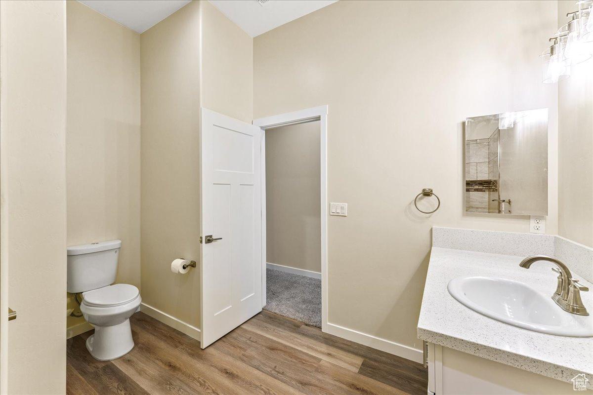 Bathroom featuring hardwood / wood-style floors, toilet, and large vanity