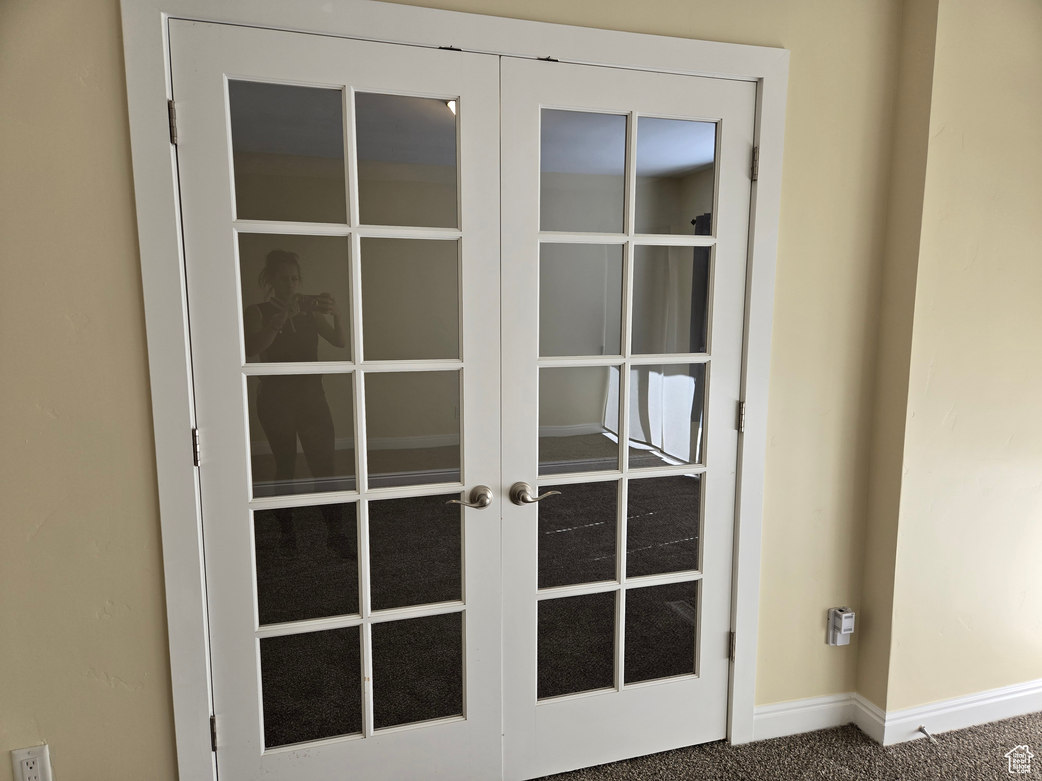 Details with french doors and carpet floors