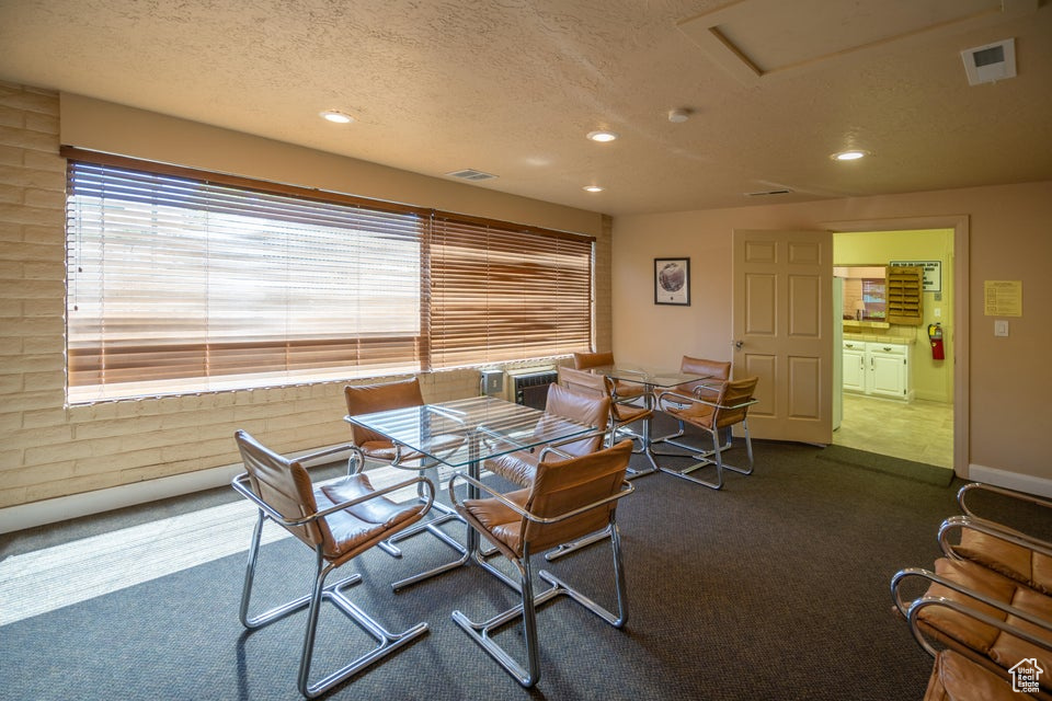 Carpeted dining space with a textured ceiling