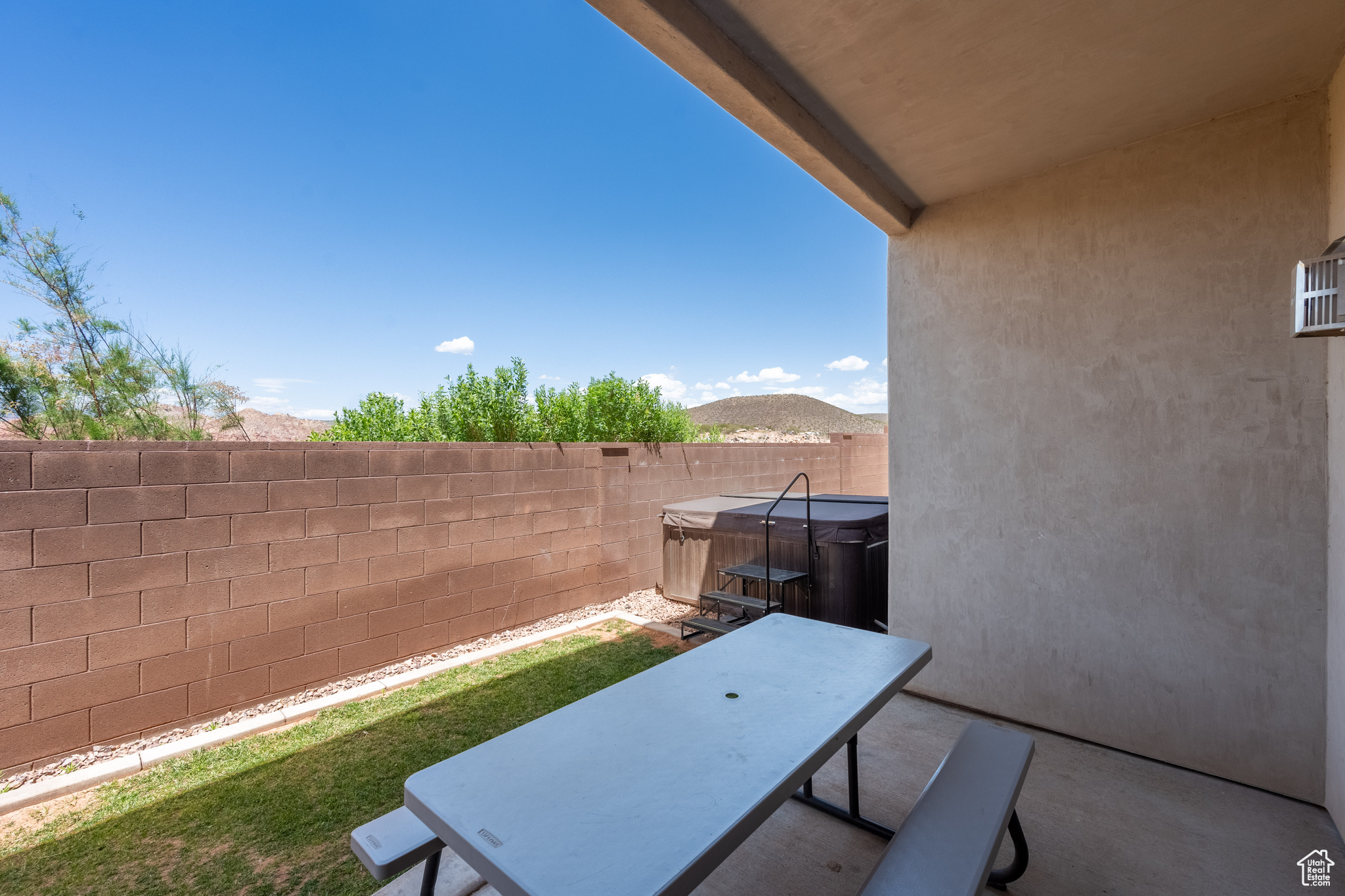 View of patio featuring a mountain view