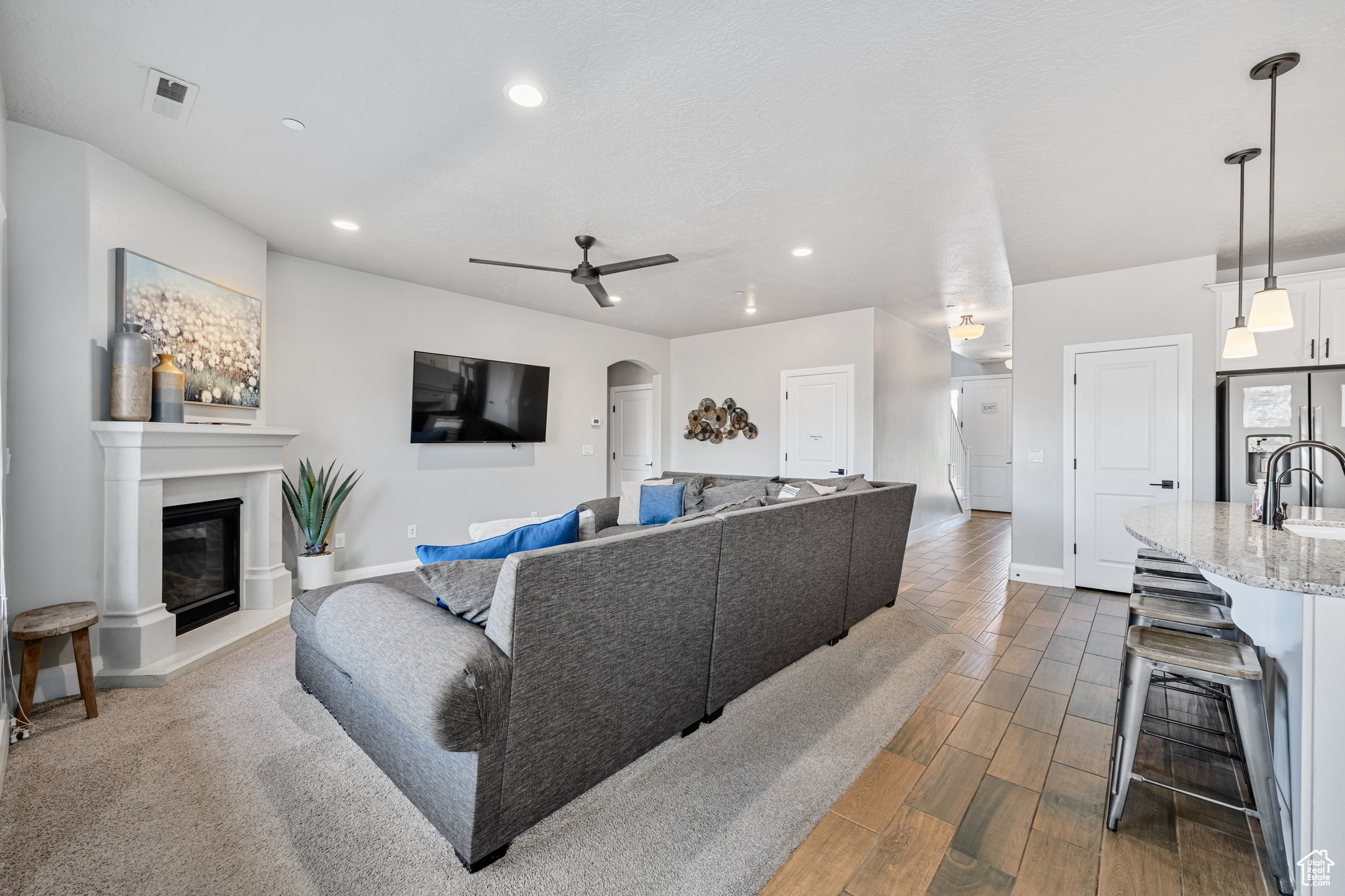 Living room featuring ceiling fan, sink, and dark wood-type flooring