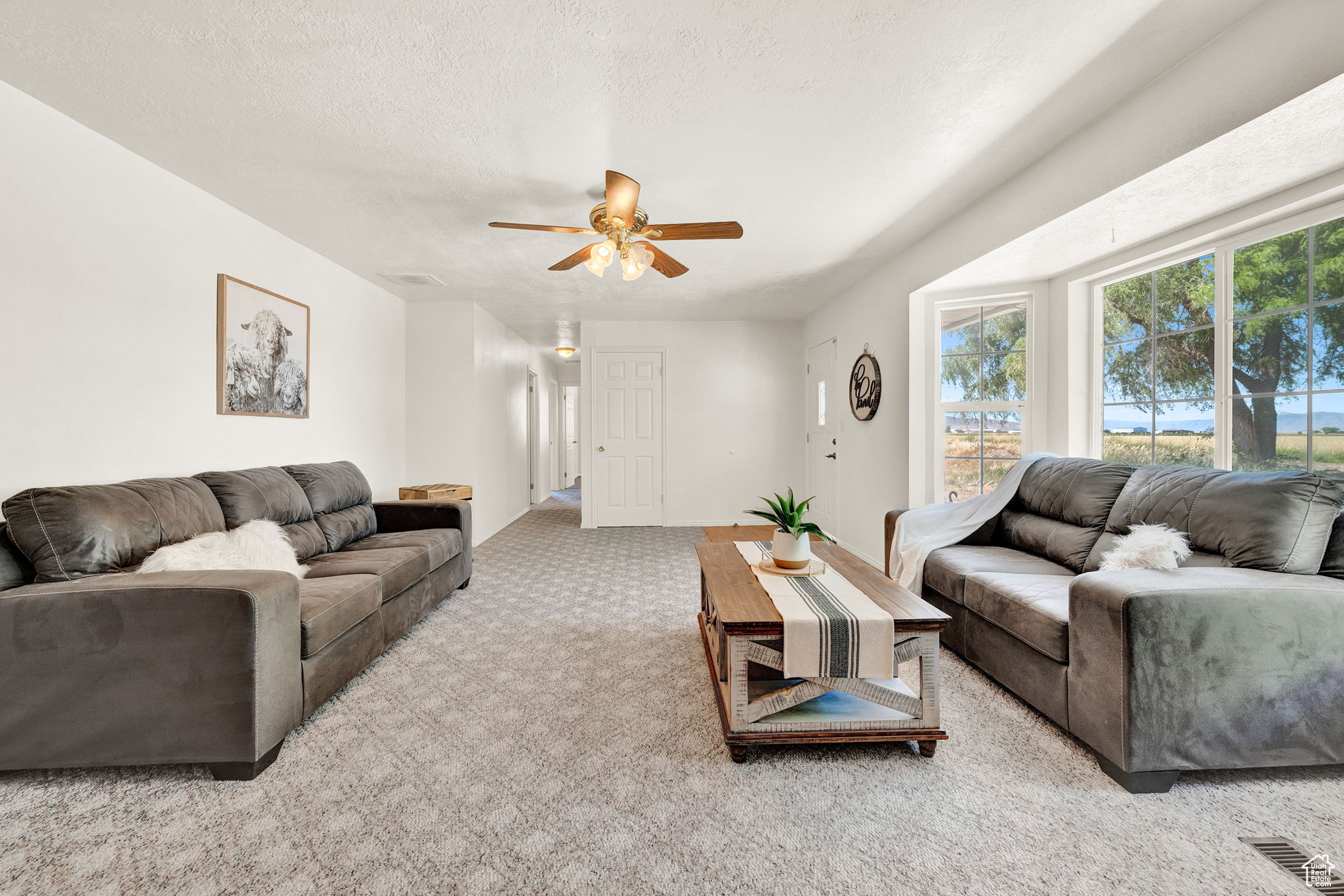 Living room with carpet flooring, a textured ceiling, and ceiling fan