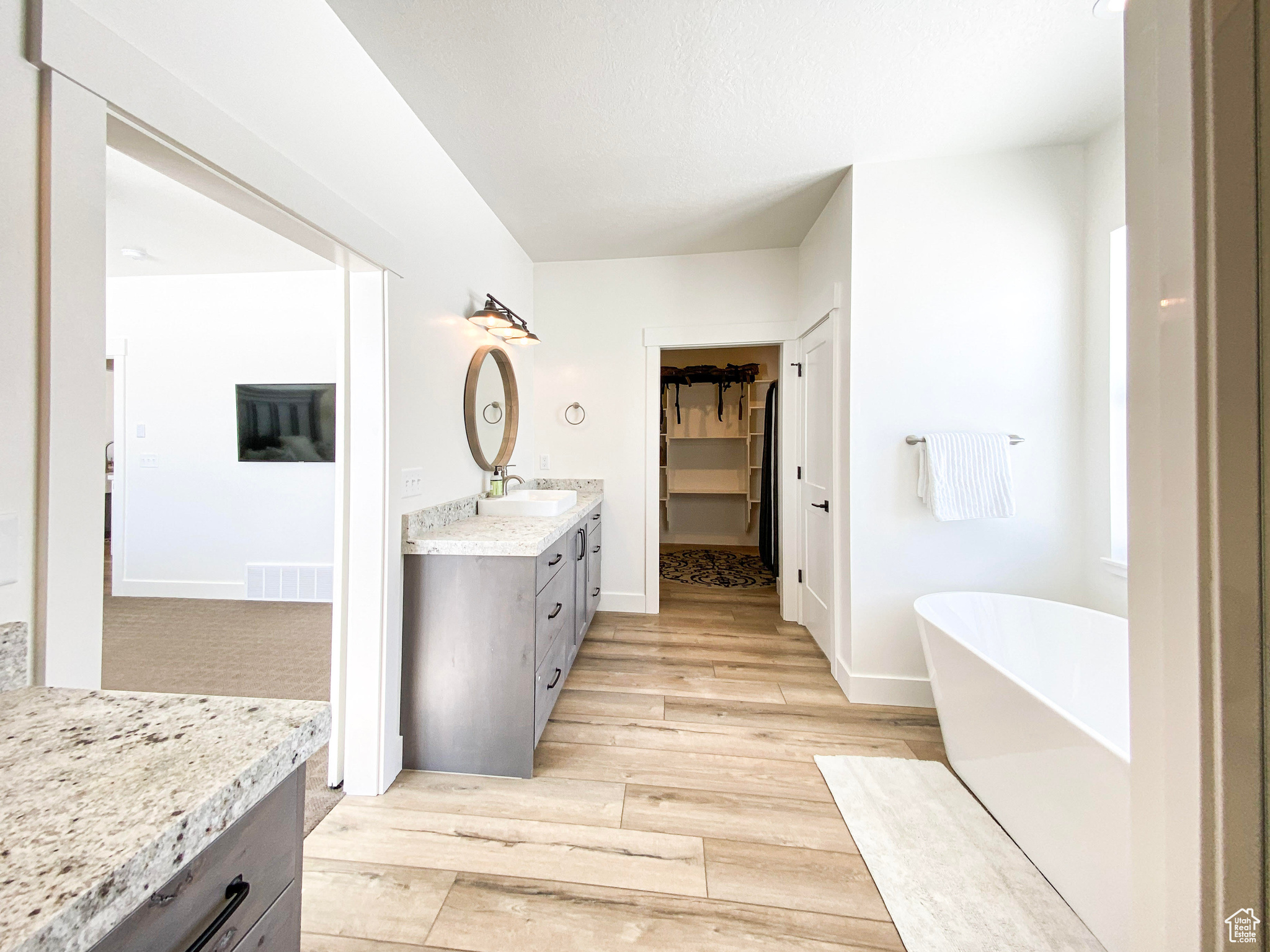 Bathroom with wood-type flooring, a bath to relax in, and vanity