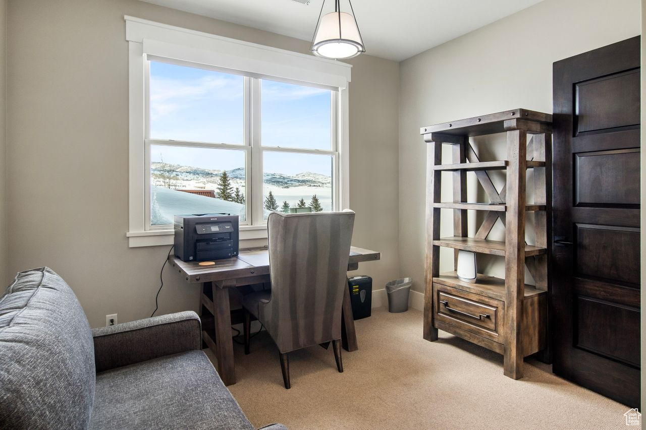 Carpeted home office featuring a water view