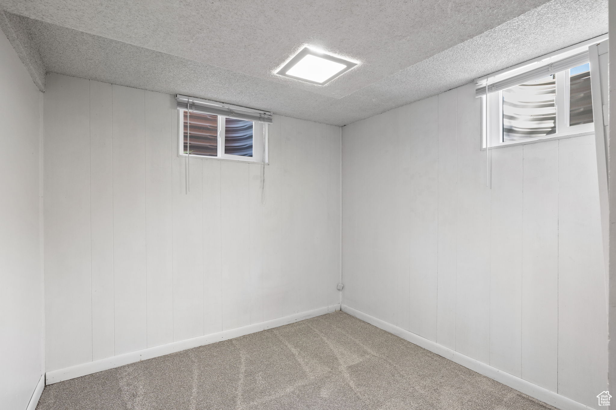 Basement with a wealth of natural light, carpet flooring, and a textured ceiling