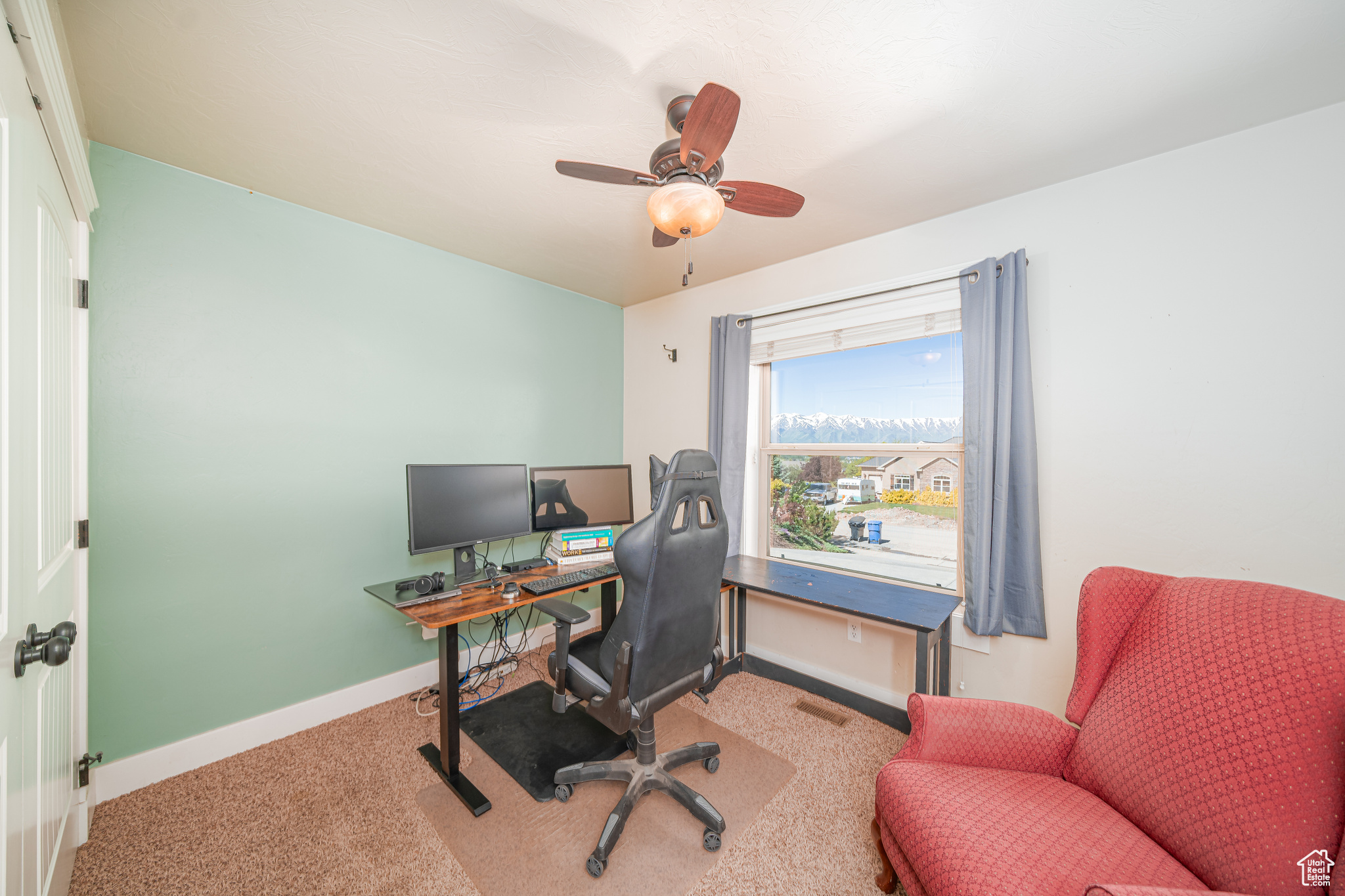 Office featuring carpet flooring and ceiling fan