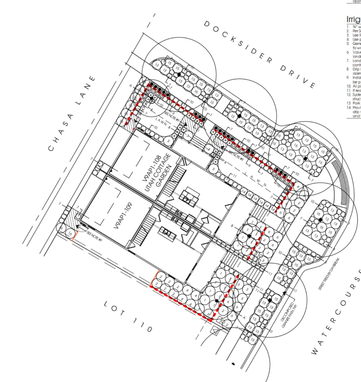 Landscaping. Red dotted line is a picket fence. This unit is on the right side on Docksider drive