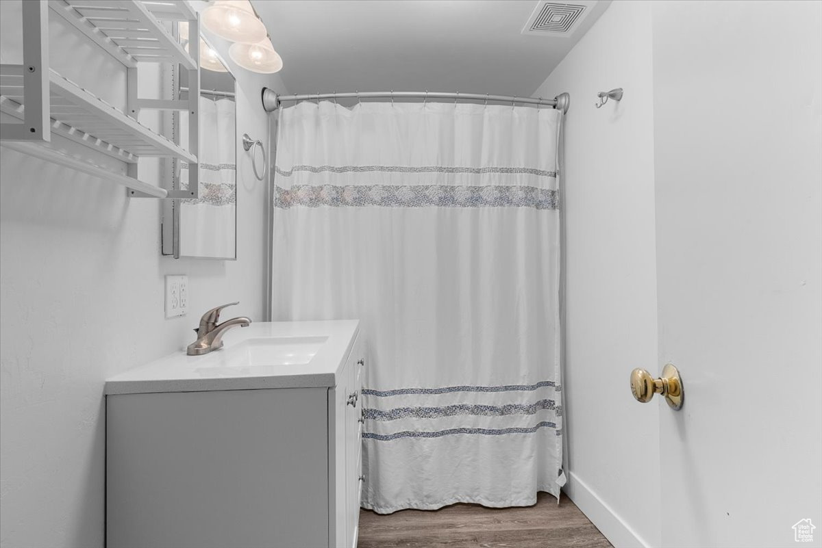 Bathroom featuring vanity and hardwood / wood-style floors