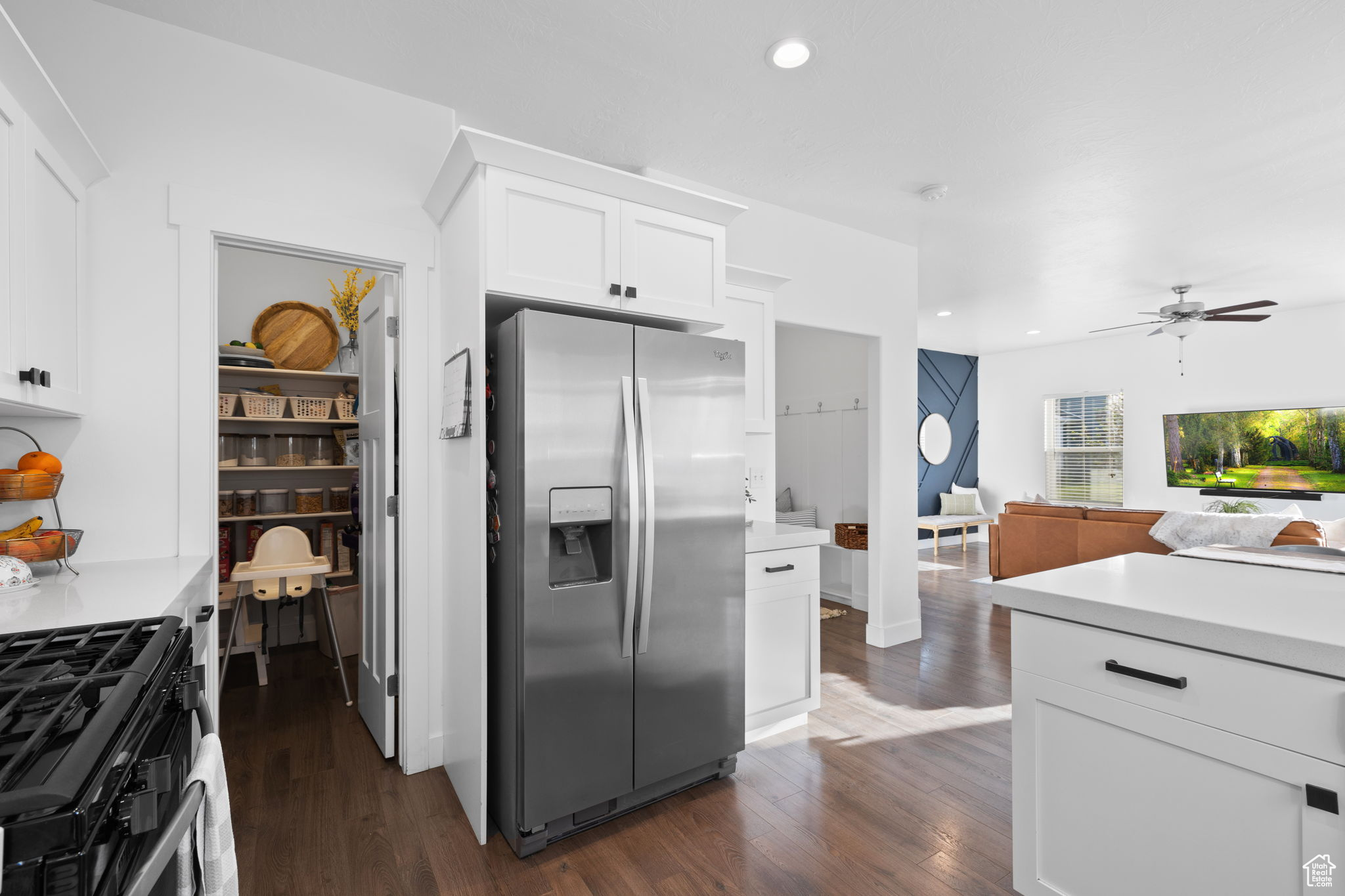 Kitchen featuring ceiling fan, stainless steel appliances, white cabinets, and dark wood-type flooring