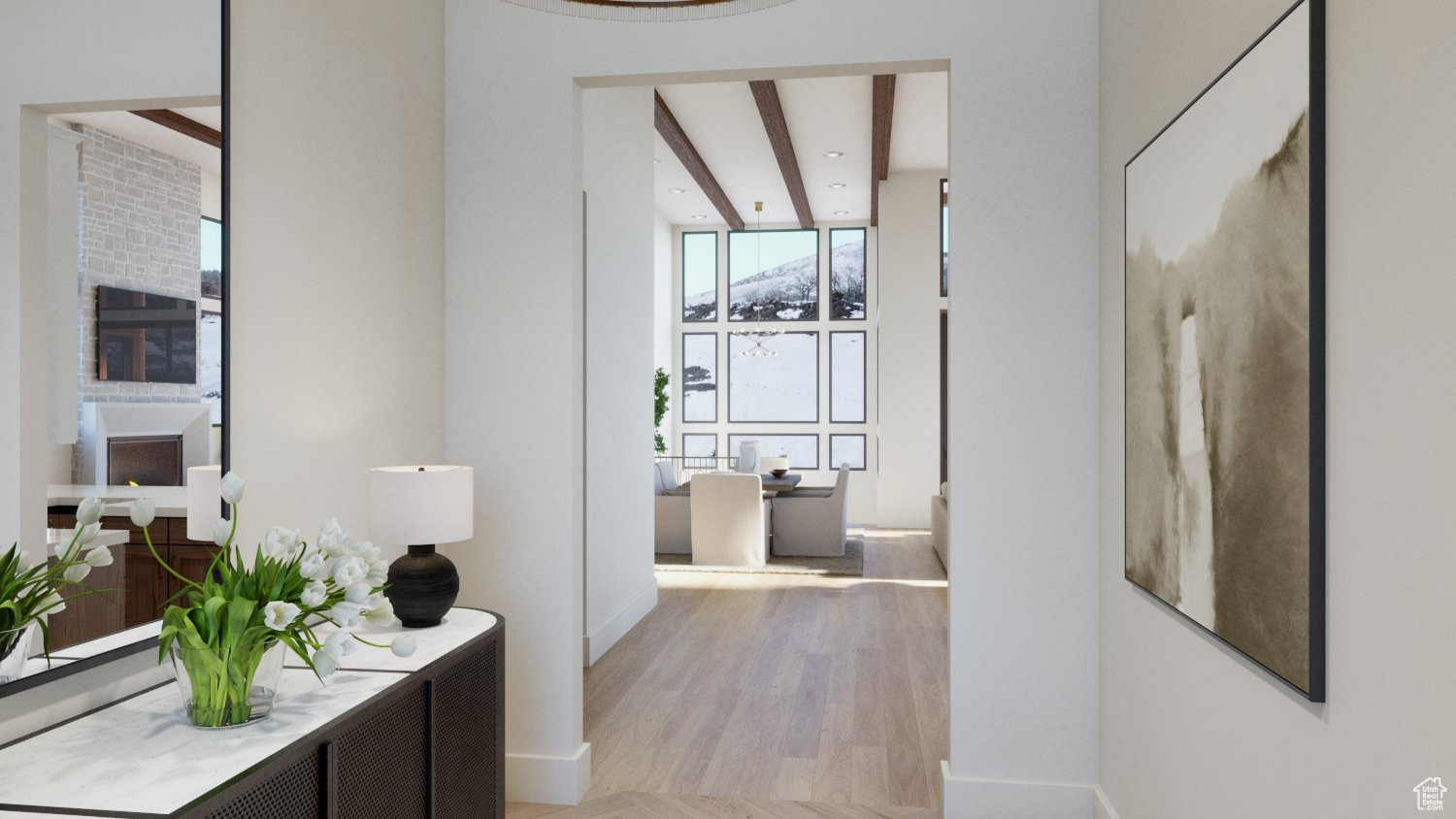 Hallway featuring beam ceiling and light hardwood / wood-style floors