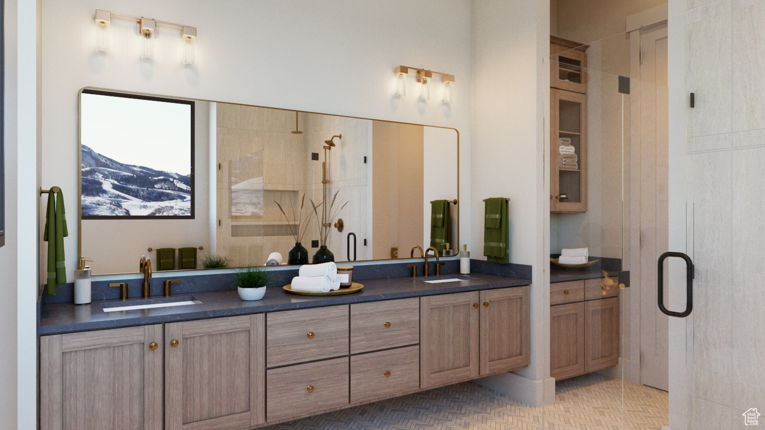 Bathroom featuring a shower with shower door, double vanity, a mountain view, and tile floors