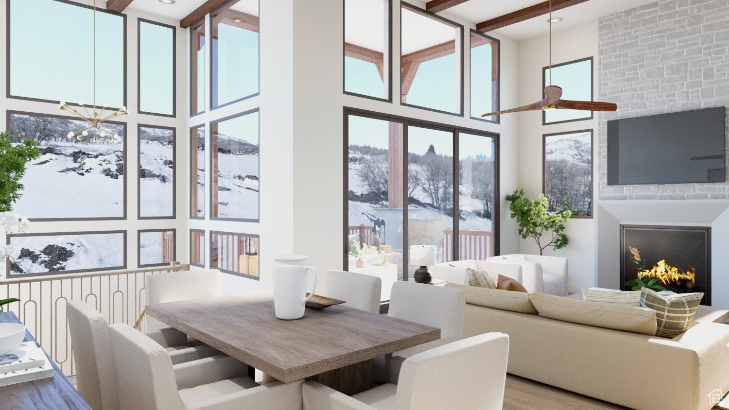 Dining room featuring hardwood / wood-style floors, a high ceiling, and ceiling fan