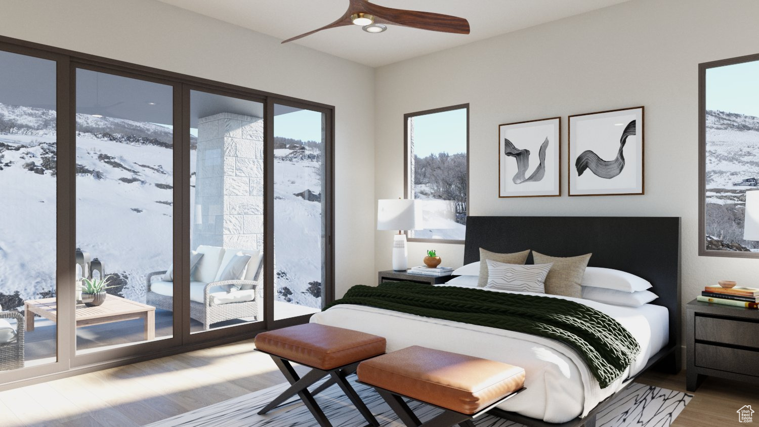 Bedroom featuring wood-type flooring and ceiling fan