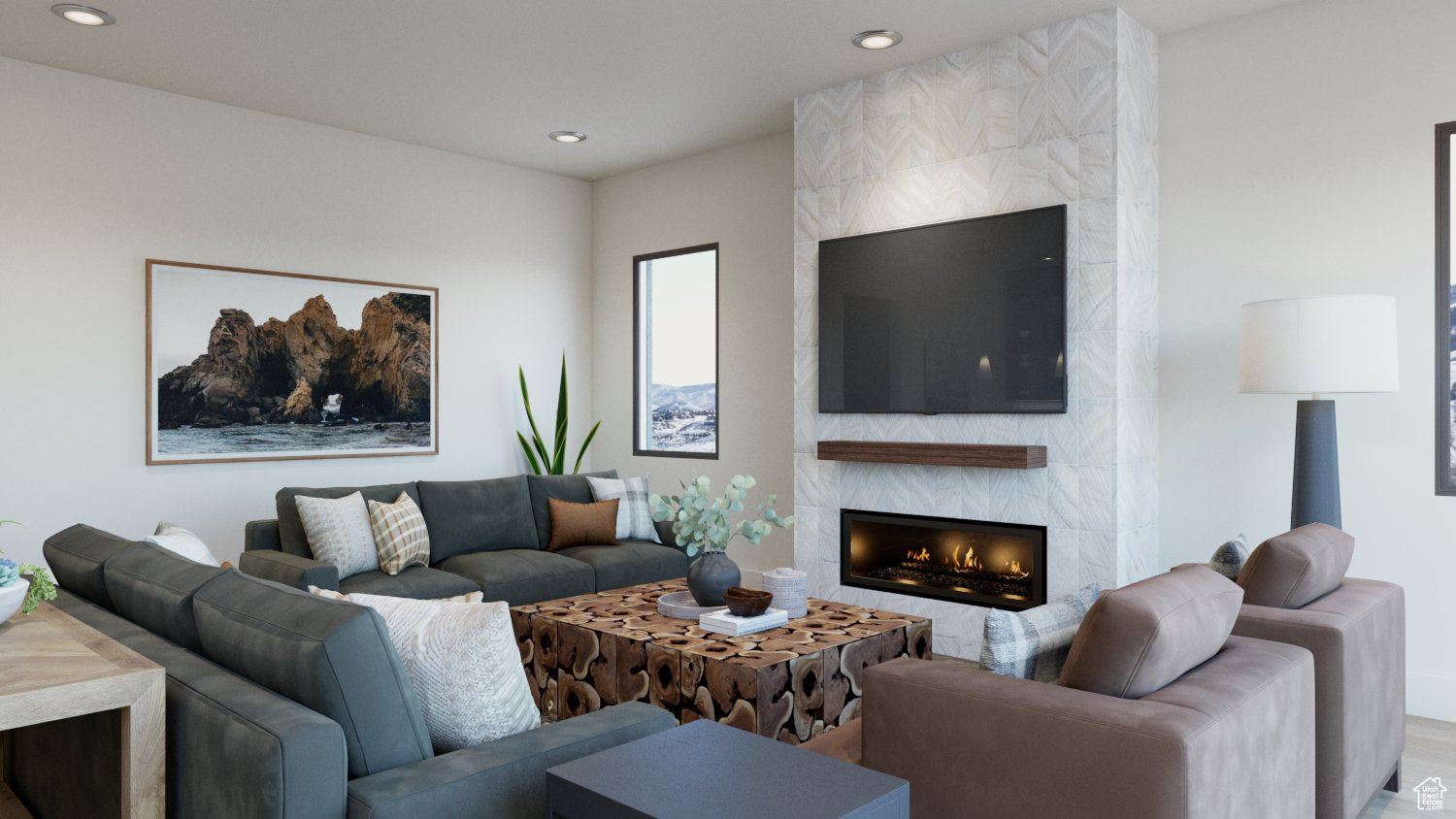 Living room featuring a tiled fireplace