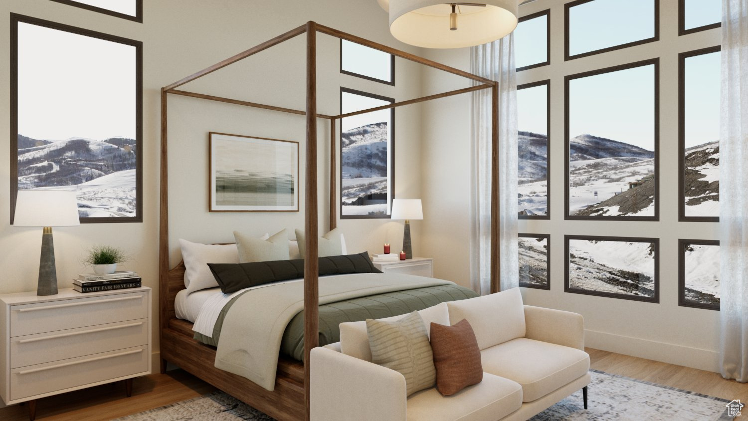 Bedroom featuring a mountain view and hardwood / wood-style flooring