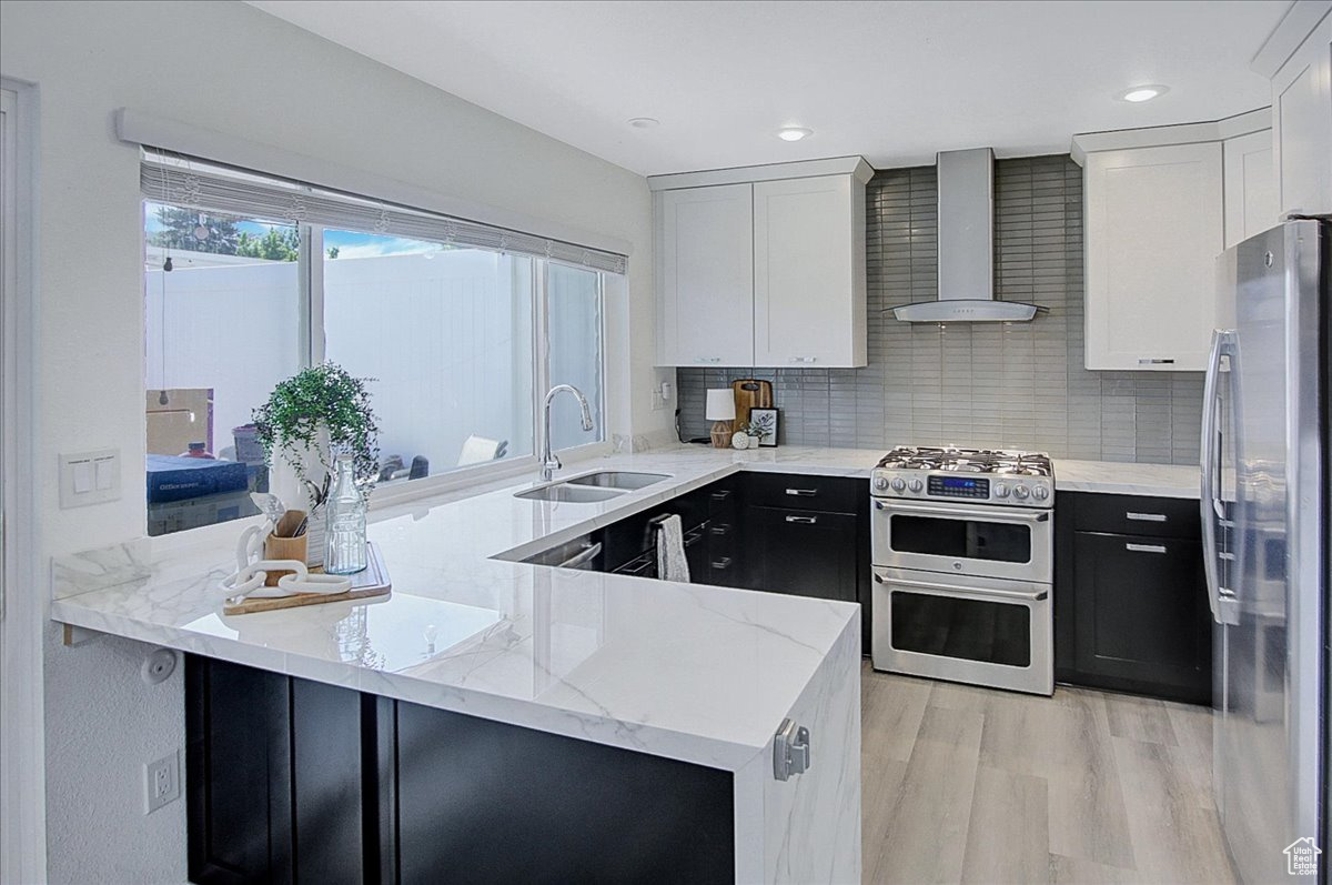 Kitchen featuring stainless steel appliances, backsplash, wall chimney exhaust hood, light wood-type flooring, and sink