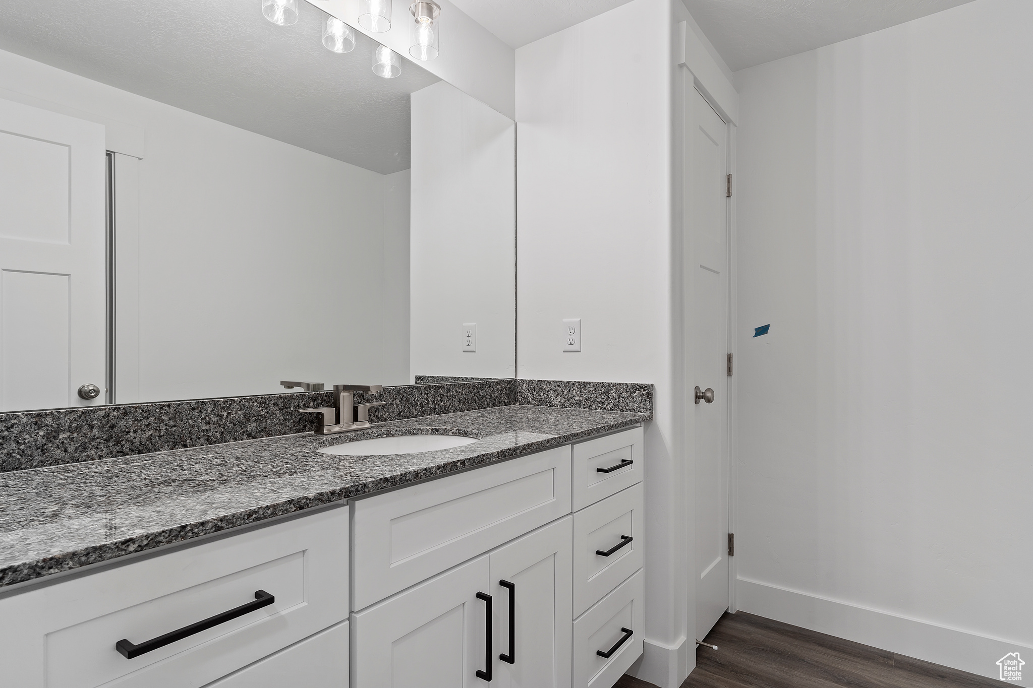 Bathroom featuring wood-type flooring and vanity