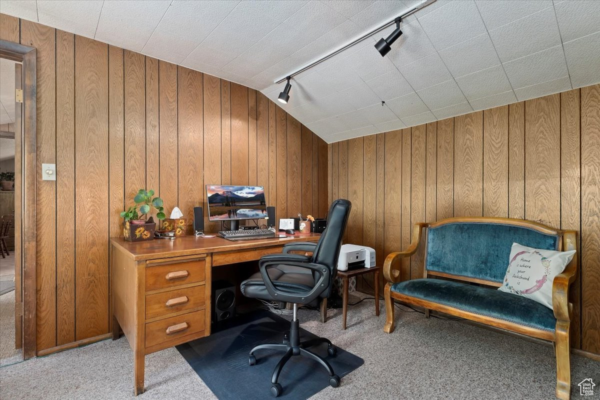 Carpeted home office featuring wood walls and rail lighting