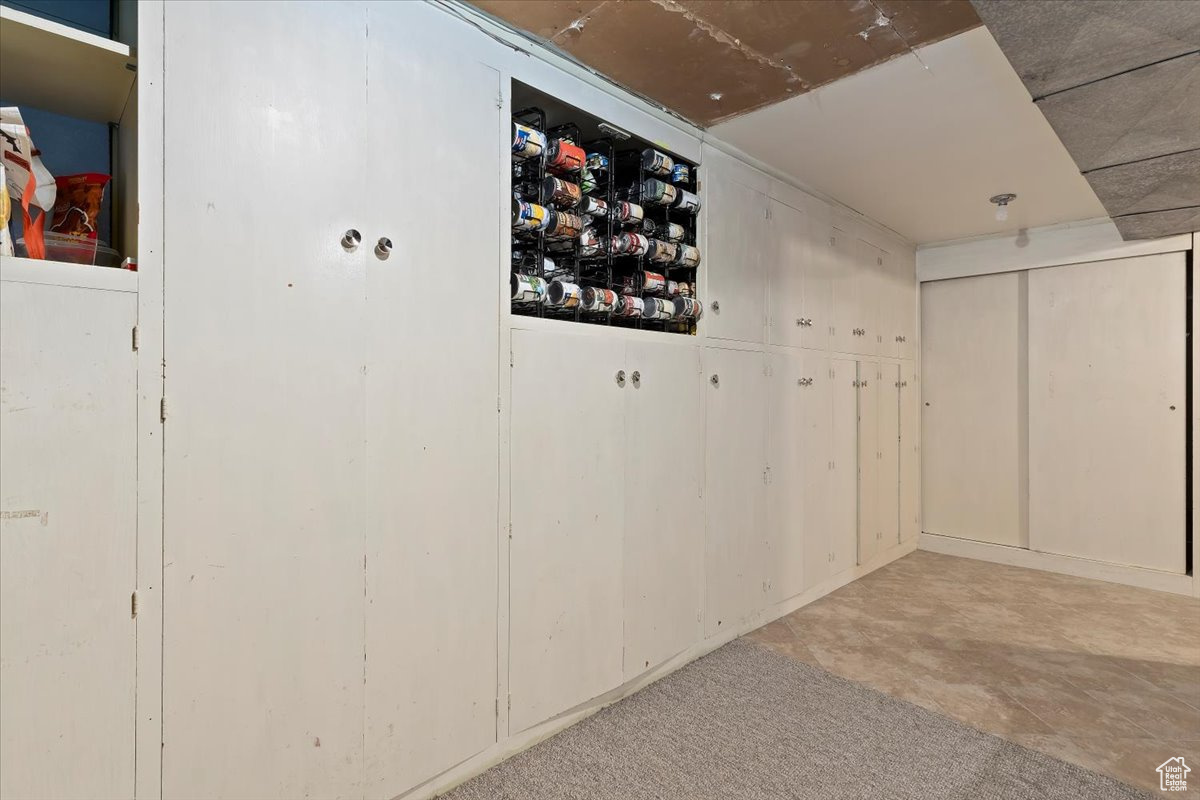 Basement hallway with ample built in storage.