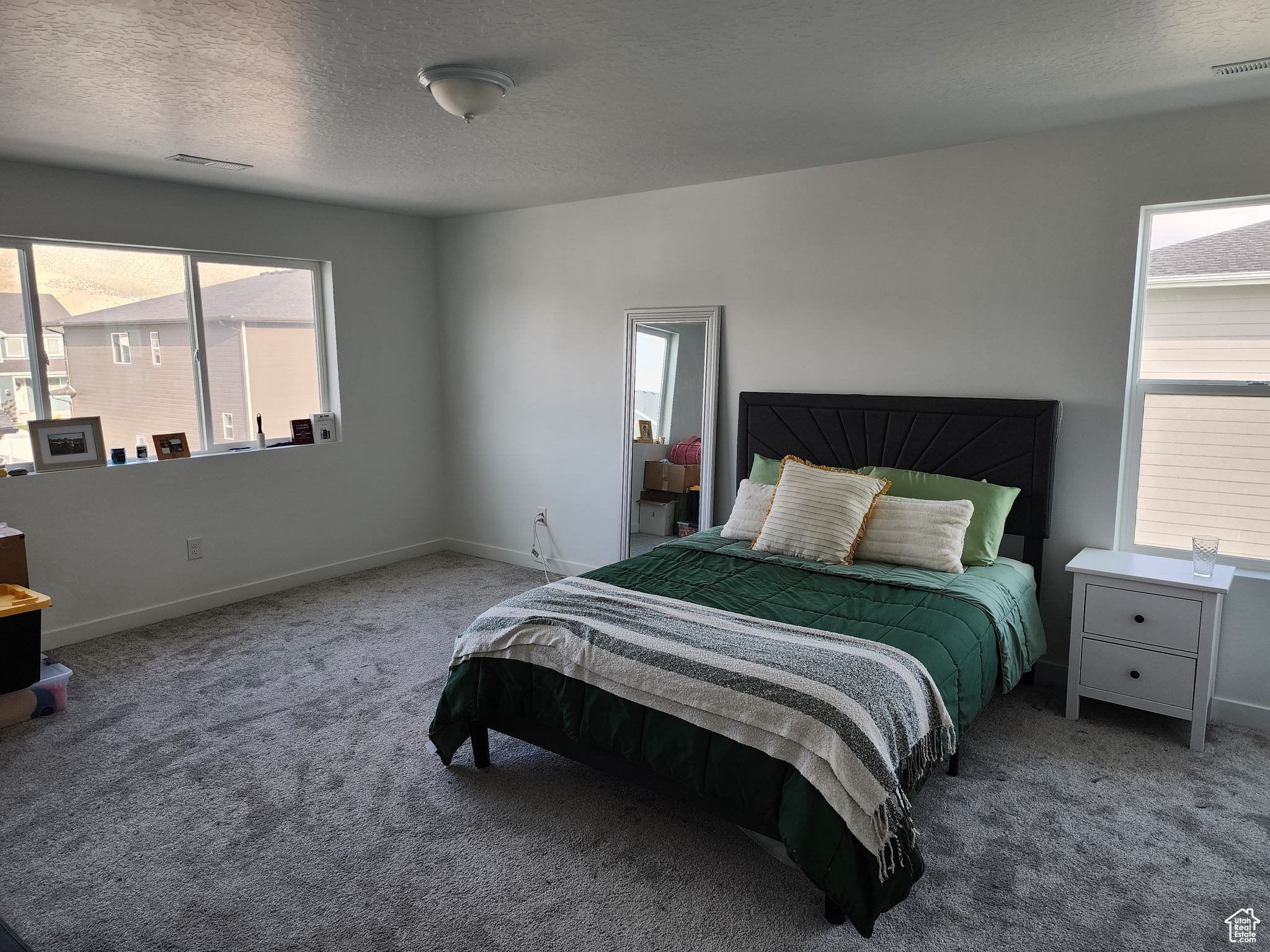 Carpeted bedroom with multiple windows and a textured ceiling