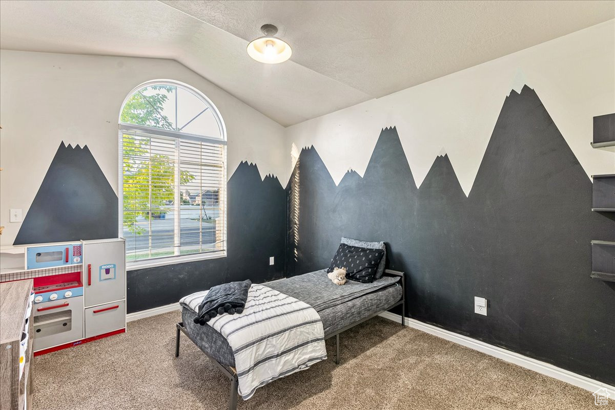 Carpeted bedroom with vaulted ceiling