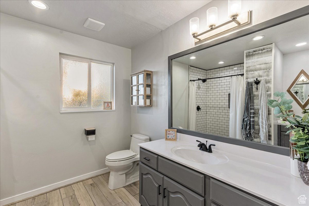 Bathroom featuring hardwood / wood-style floors, toilet, and vanity