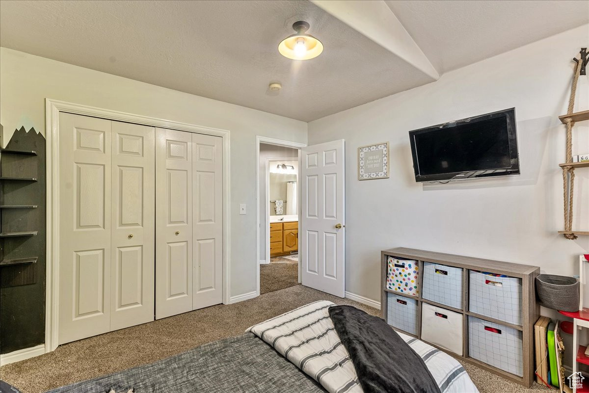 Carpeted bedroom featuring a closet