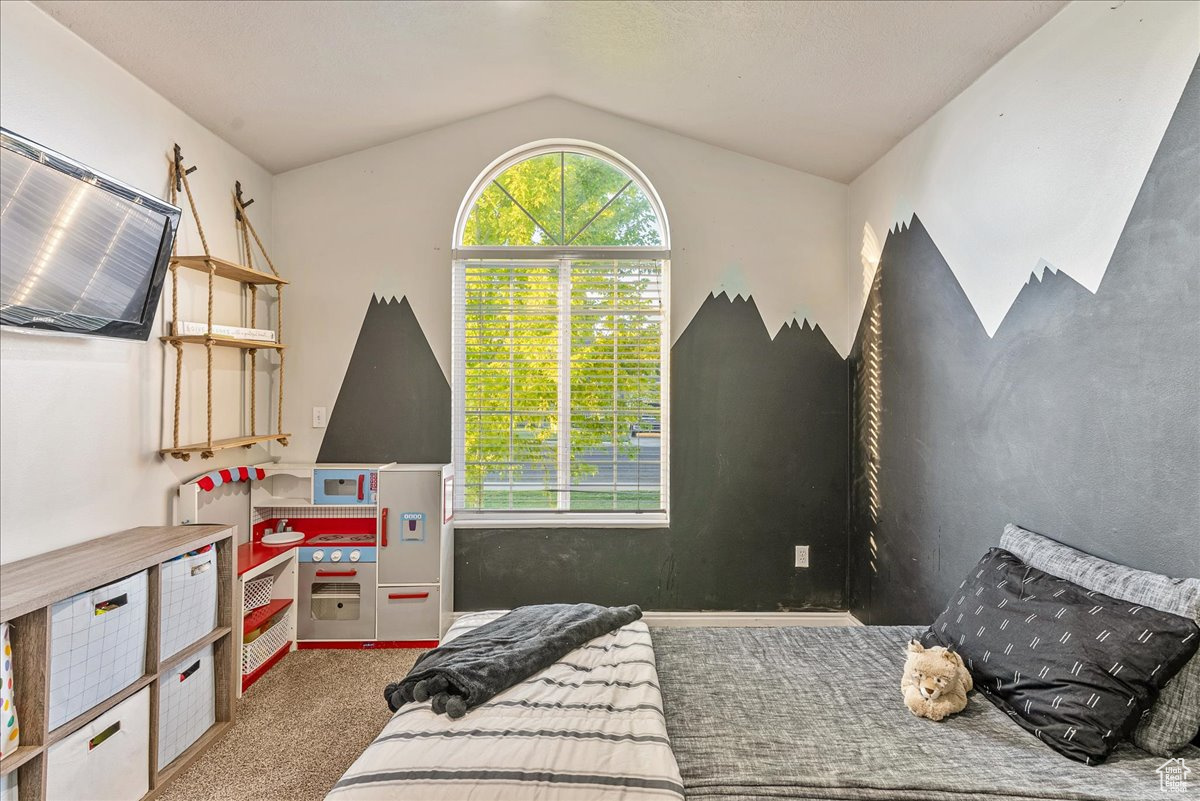 Carpeted bedroom with lofted ceiling