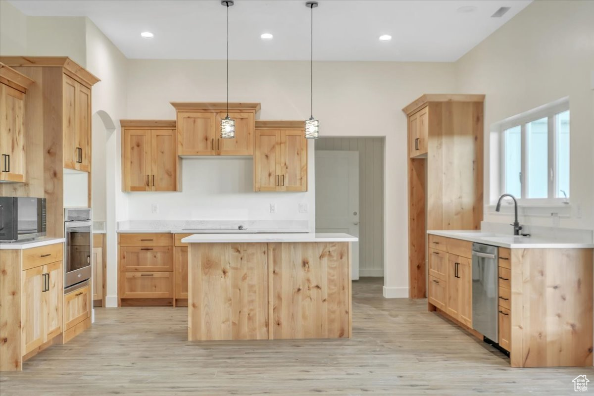 Kitchen featuring hanging light fixtures, appliances with stainless steel finishes, a center island, and light hardwood / wood-style floors