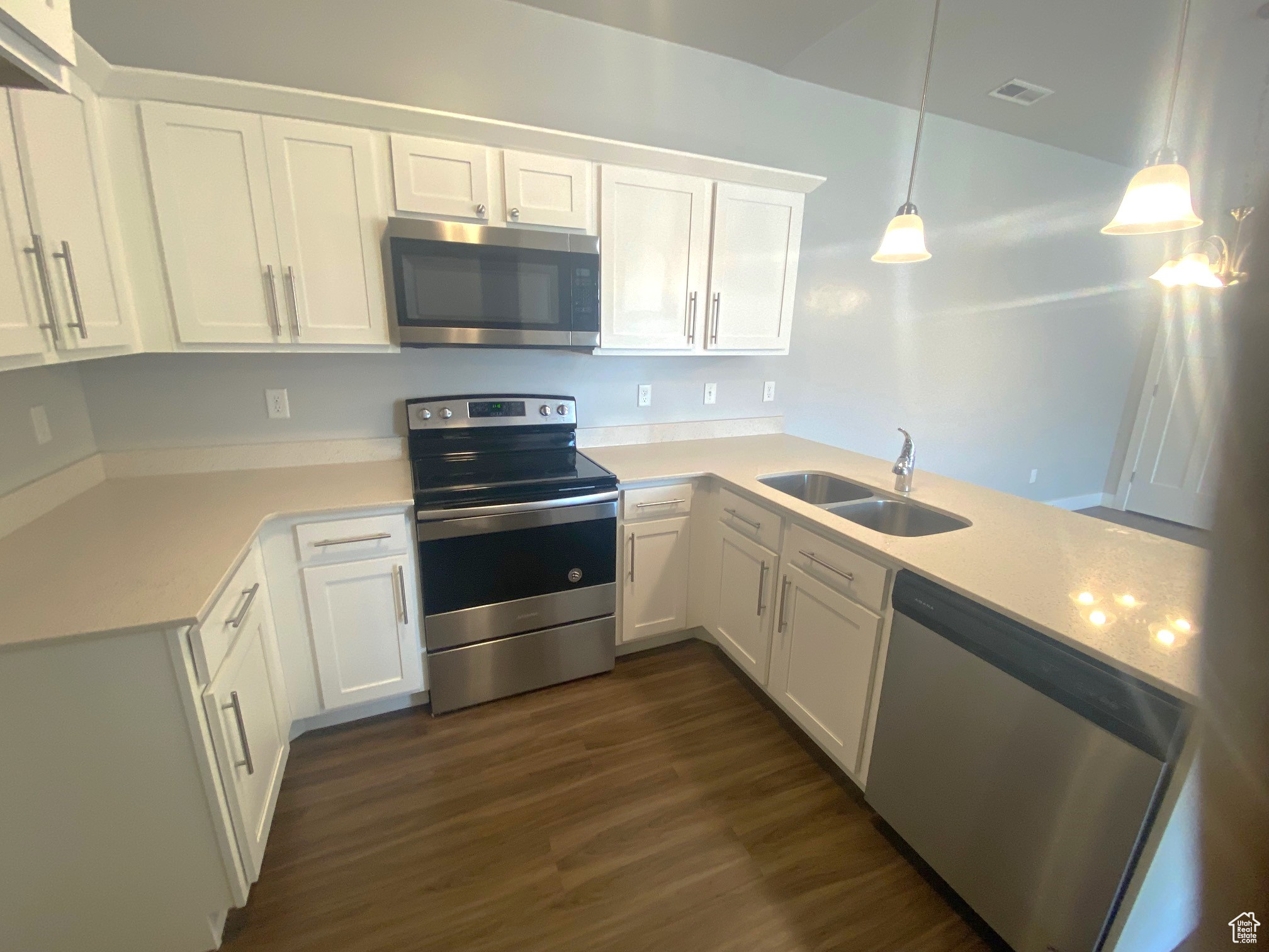 Kitchen featuring white cabinetry, pendant lighting, stainless steel appliances, and dark hardwood / wood-style flooring