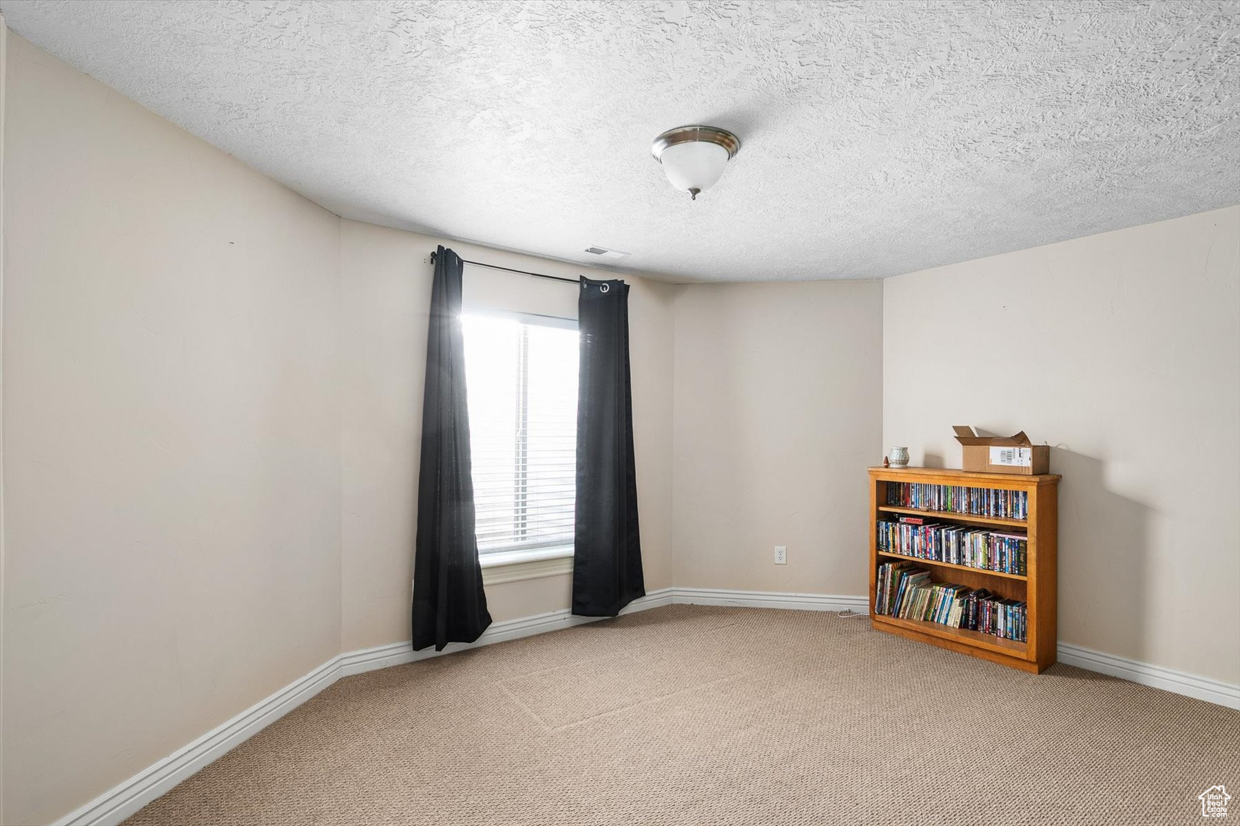 Carpeted spare room with a textured ceiling