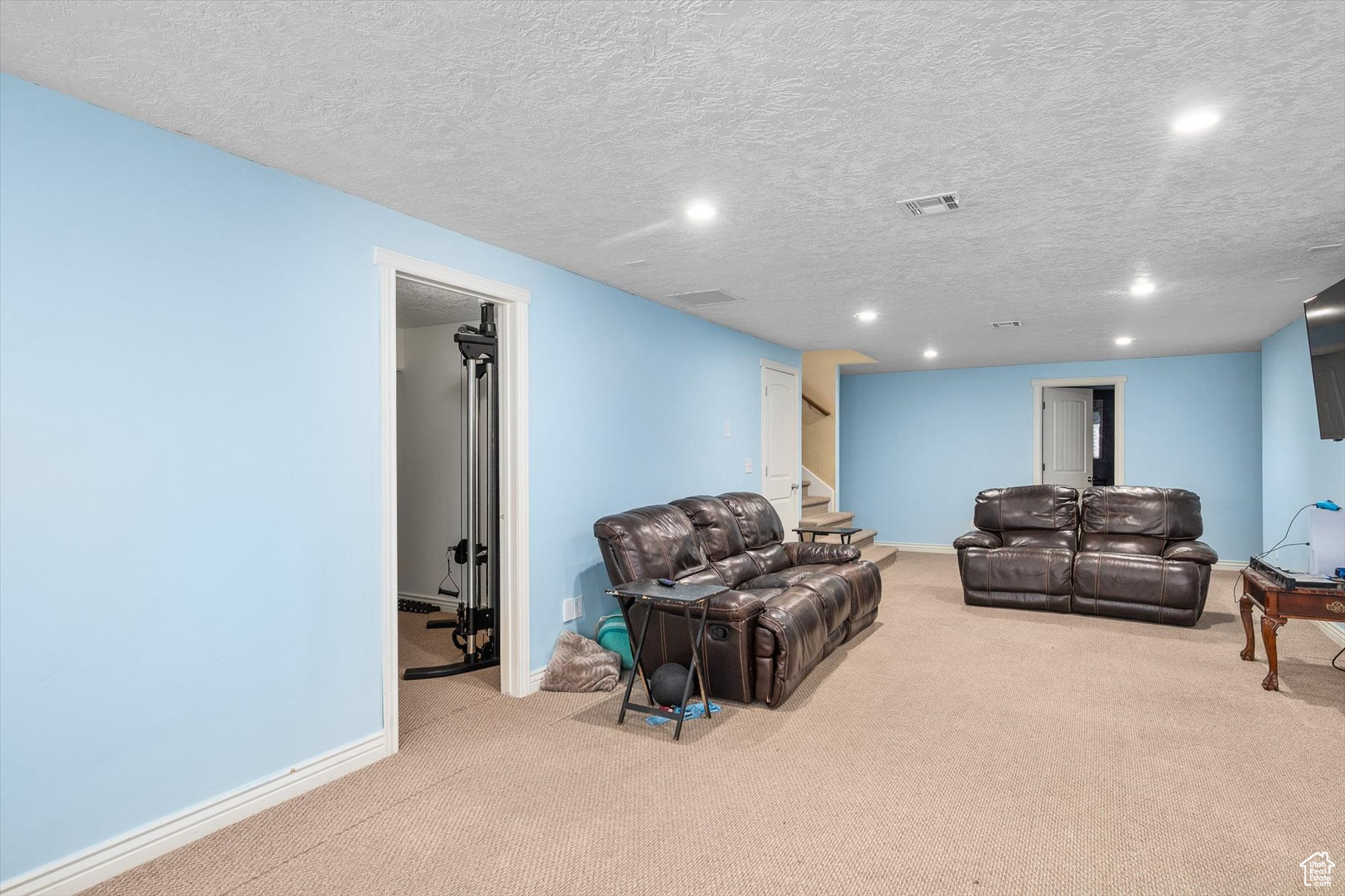 Carpeted living room with a textured ceiling