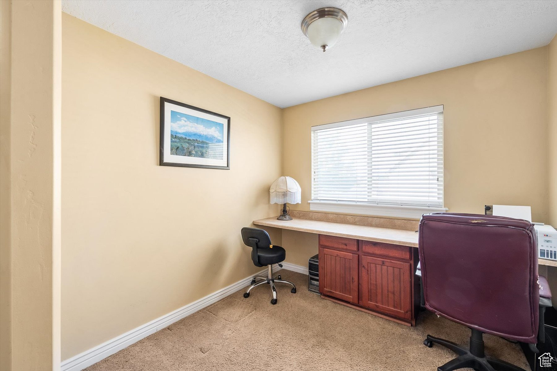 Office with light carpet a textured ceiling and built in double desk!