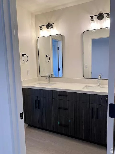 Bathroom featuring wood-type flooring, vanity with extensive cabinet space, and double sink