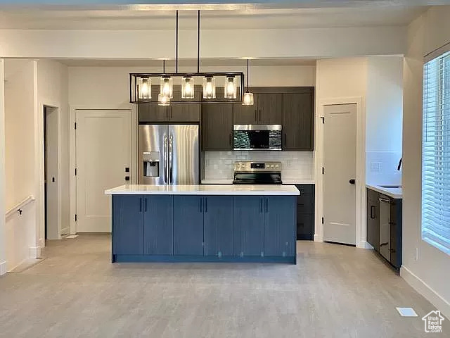 Kitchen with a center island, decorative light fixtures, backsplash, and stainless steel appliances