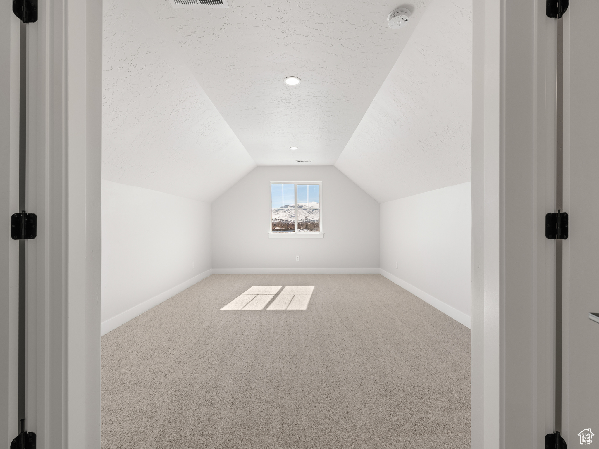 Additional living space with carpet flooring, a textured ceiling, and lofted ceiling. This is a picture of Helena model home. Not the interior of actual home.