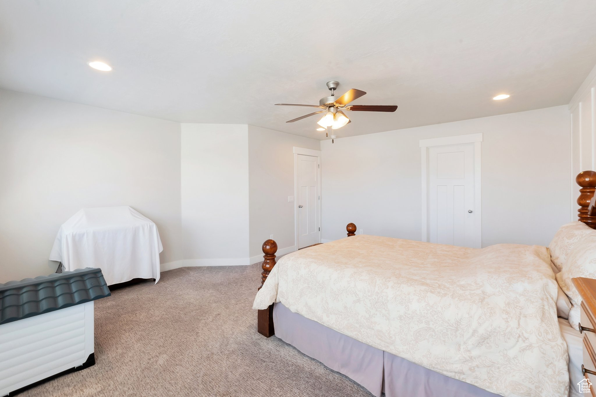 Carpeted bedroom with ceiling fan