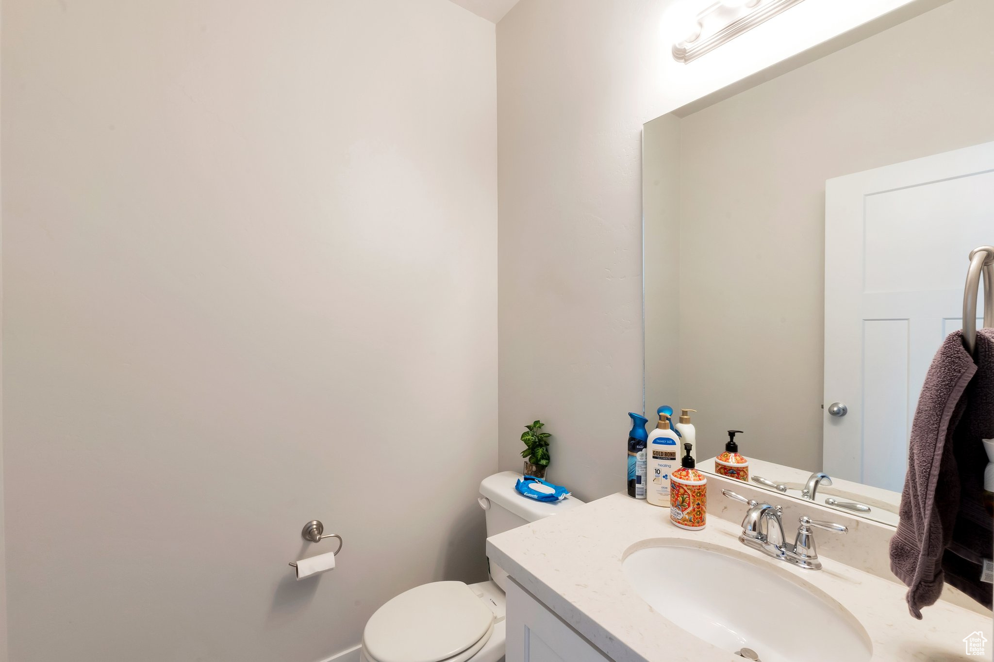 Bathroom featuring oversized vanity and toilet